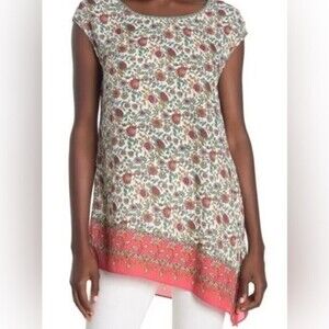 Max Studio Floral Print Cap Sleeve‎ Asymmetrical Side Tie Blouse Woman's Size M